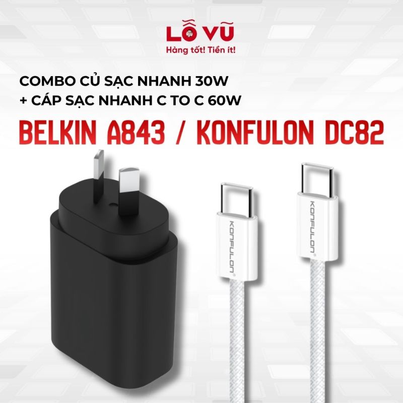 Combo Củ sạc nhanh Belkin 30W - A843 - Đen + Cáp sạc nhanh C to C 60W Konfulon DC82